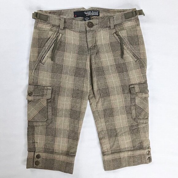 Y2k Guess Tan and Black Low Rise Plaid Cargo Bermuda Shorts Buckle Detail Capris - Picture 1 of 12
